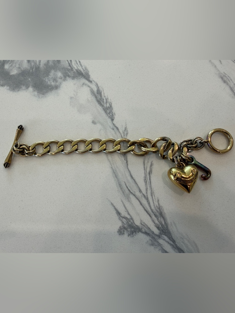 Vintage Juicy Couture Gold-Tone Curb Chain Bracelet with Heart and Logo Charms